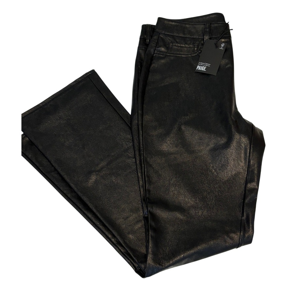 NEW Paige High Rise Faux Leather Manhattan Boot Cut Pants 29 Black Sleek Rocker - Picture 4 of 12